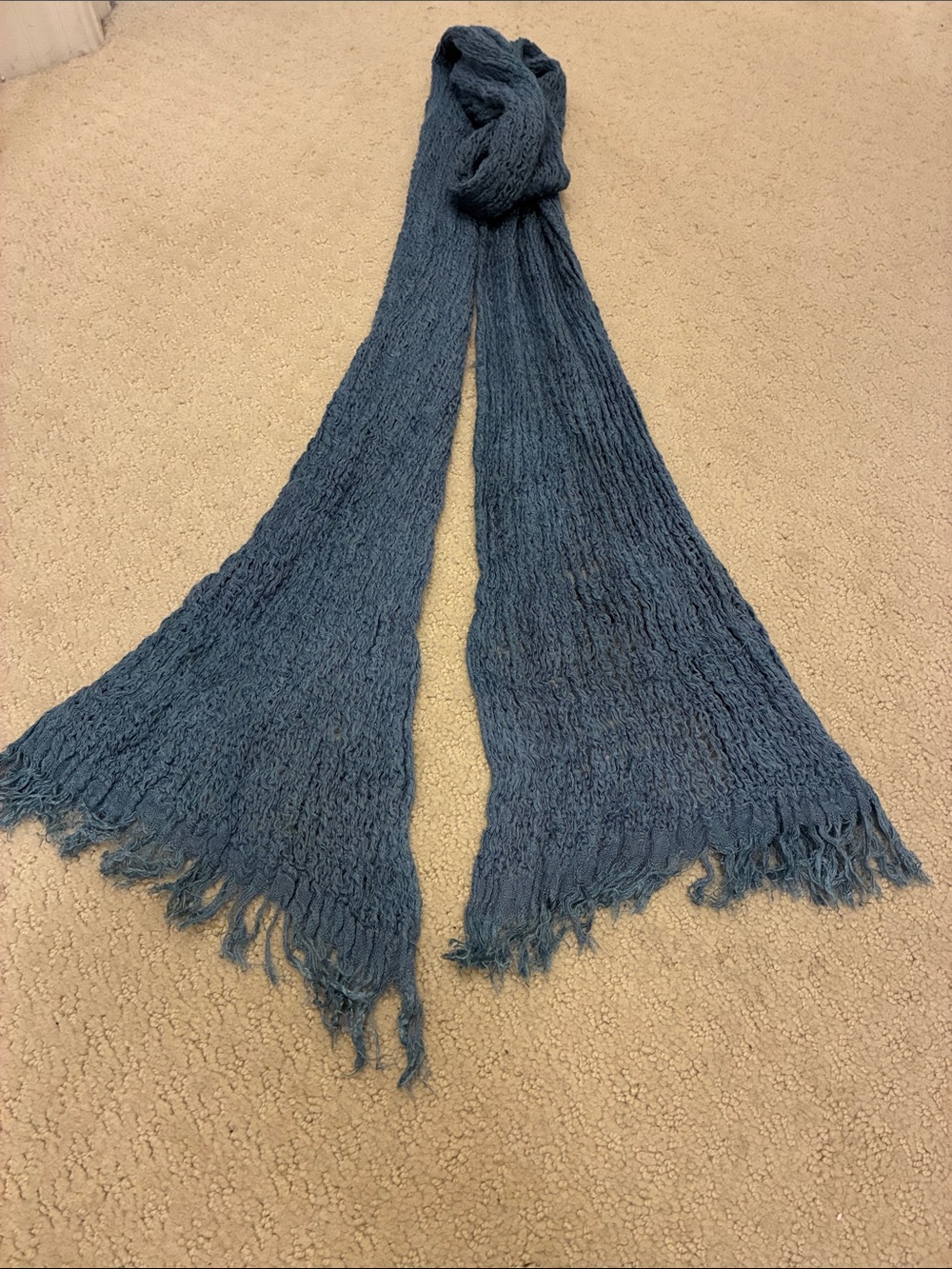 Bottega Veneta Blue Linen Blend Open Open-Knit Fringed Long Scarf Wrap Italy👝
